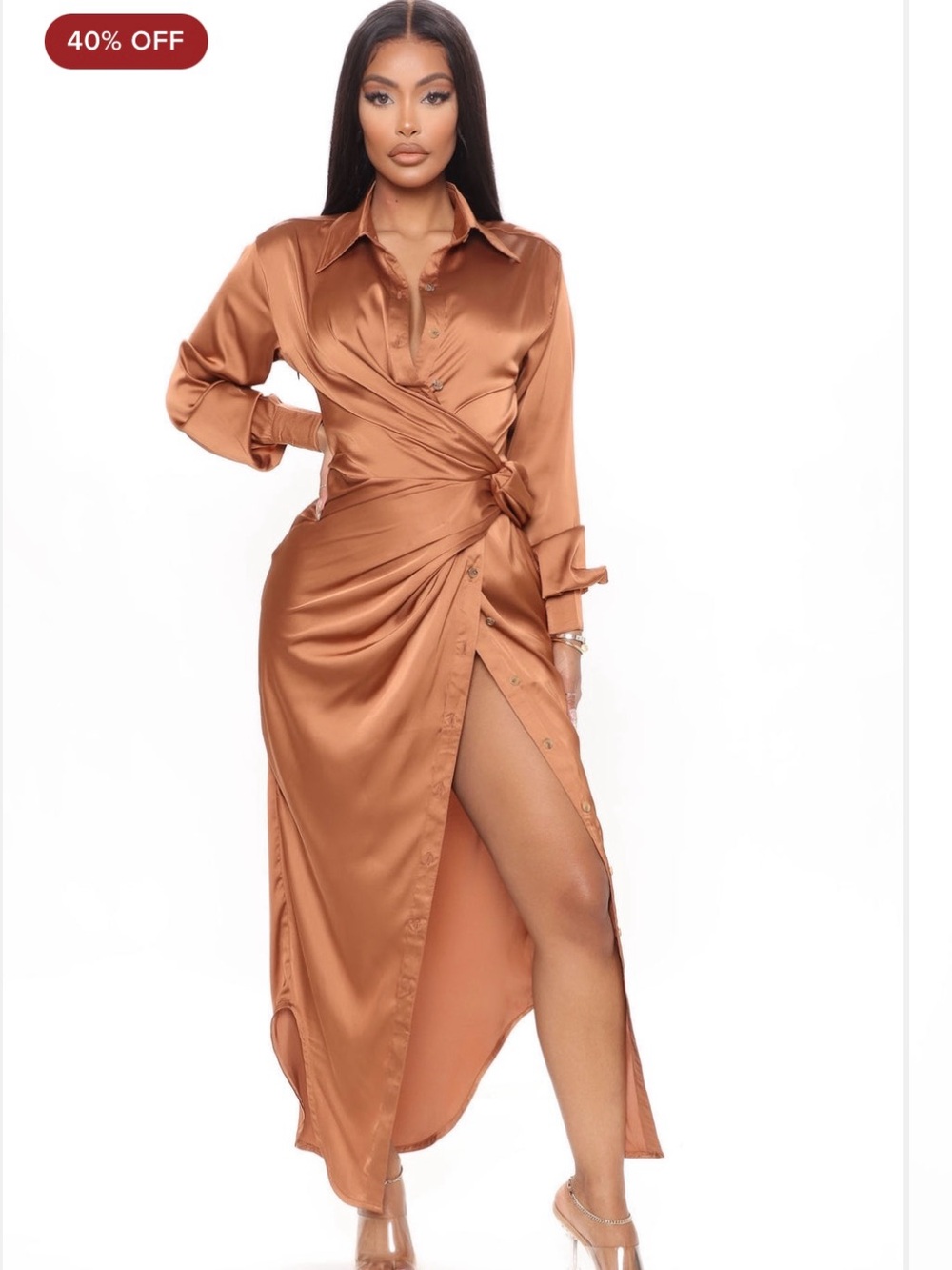 Classy yet sexy Satin Wrap Maxi Dress in Copper